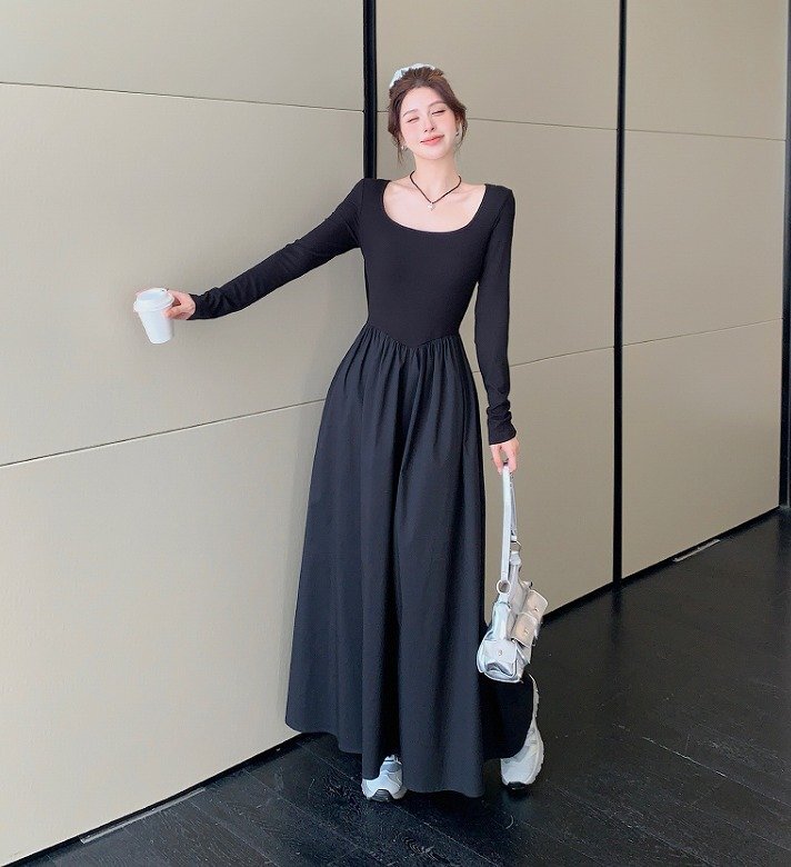 ロングワンピース マキシ丈 長袖 スリム フレアスカート シンプル カジュアル レディース XL ブラック拍卖