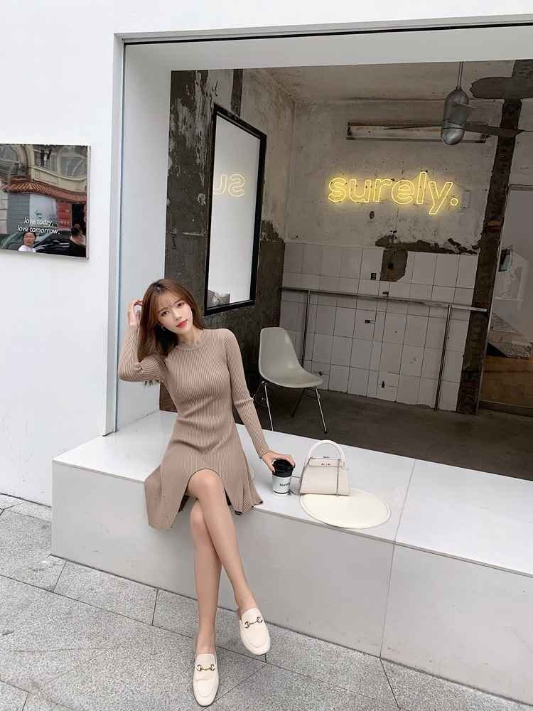 柔らかい ラウンドネック ミニスカート ニットワンピース シンプル かわいい フリー ブラック拍卖