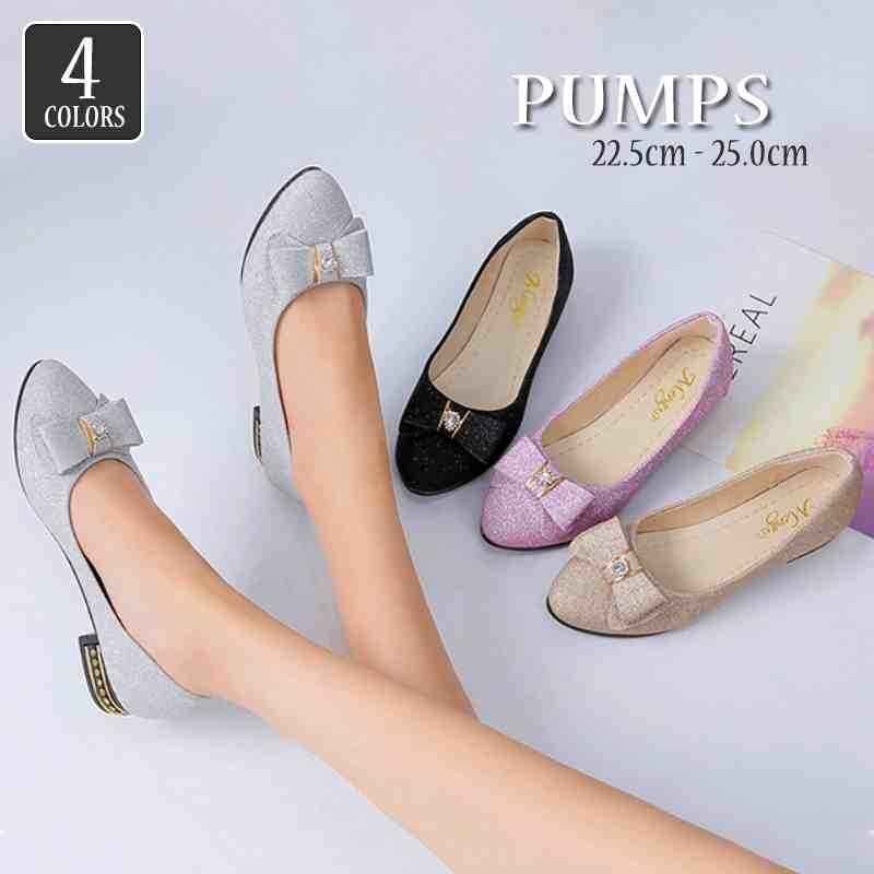 パンプス ラメ ラインストーン チャンキーヒール 2.5cmヒール キラキラ りぼん 38 黒拍卖