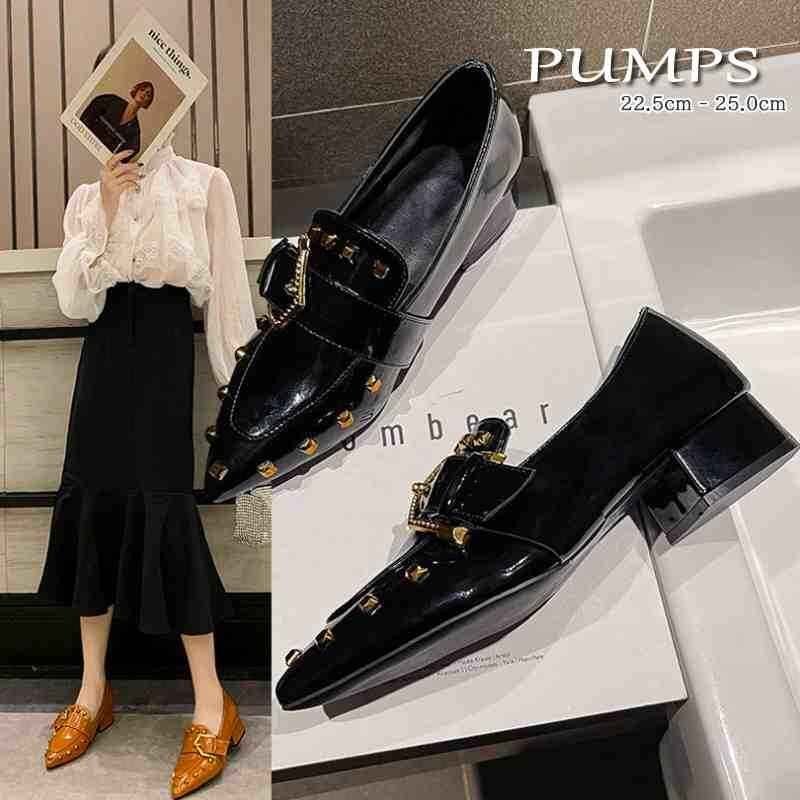 パンプス ヒール ポインテッドトゥ 光沢 艶 ベルト 太ヒール エナメル感 高級感 38 黒拍卖