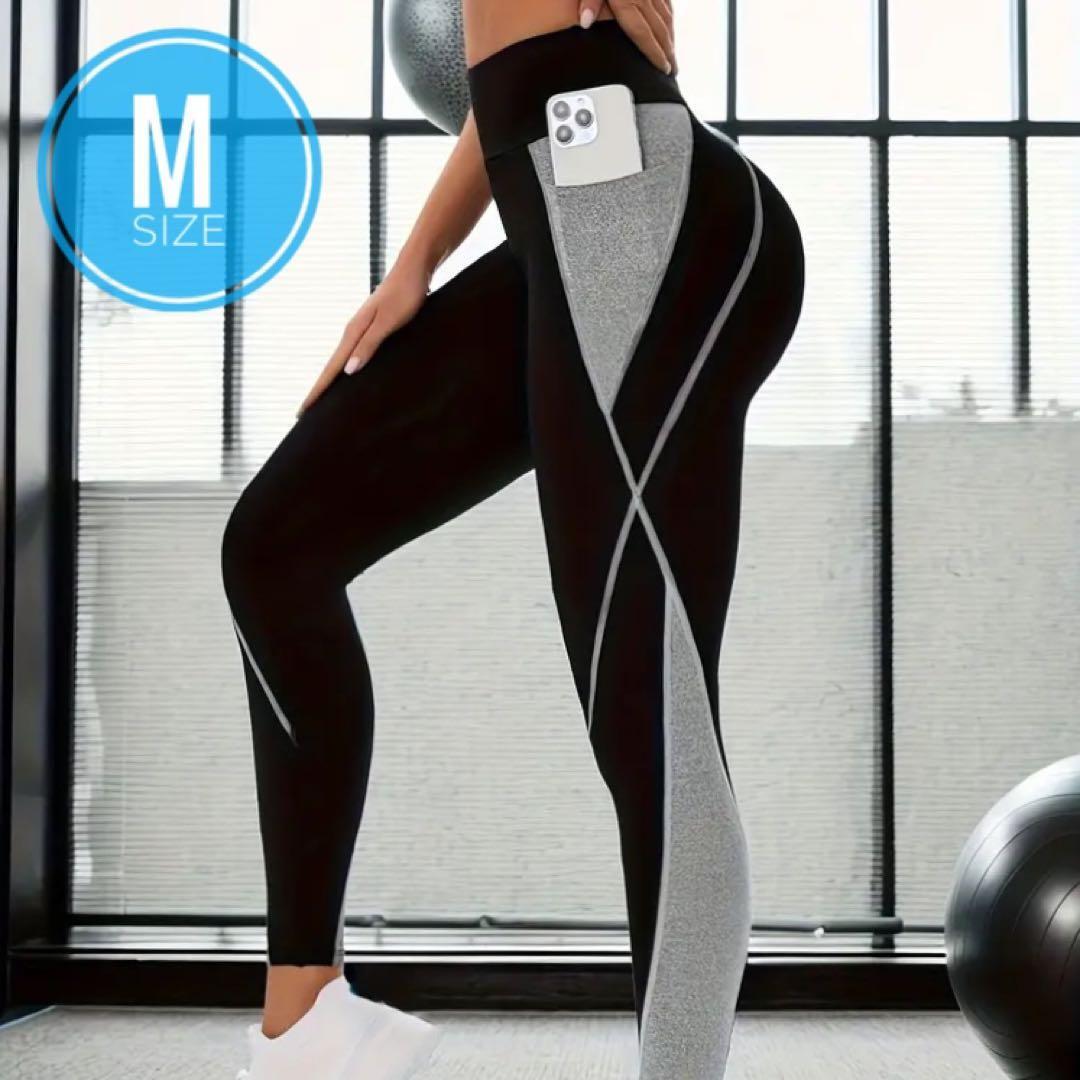美尻・脚長ヨガウェア ブラック グレー レギンス Mサイズ T-T3拍卖