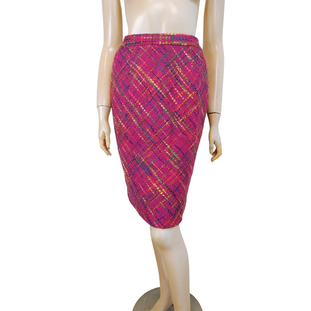 美品★ユキトリイ*YUKITORII*鮮やかマゼンタ系*カラフル色*厚手ウールツイード*美脚タイトスカート*ウエストサイドゴム入り*9号.Mサイズ.38拍卖