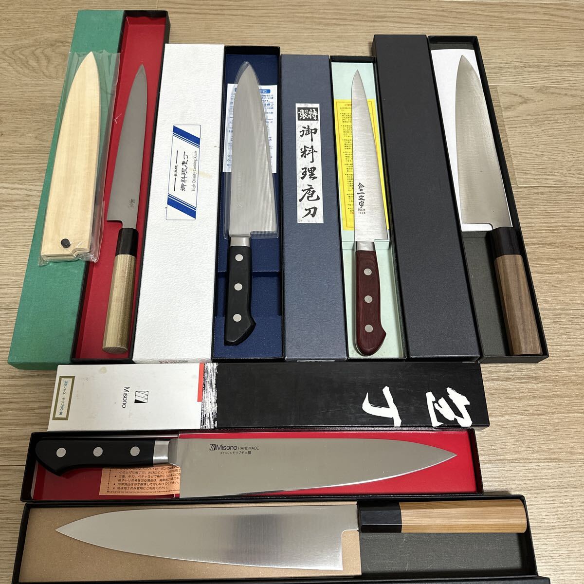 【未使用品】包丁 まとめ 6本セット 筋切包丁 倉一文字 INOXFLEX 240mm 料理包丁 牛刀包丁 240mm 柳刃包丁 銀三 235mm拍卖