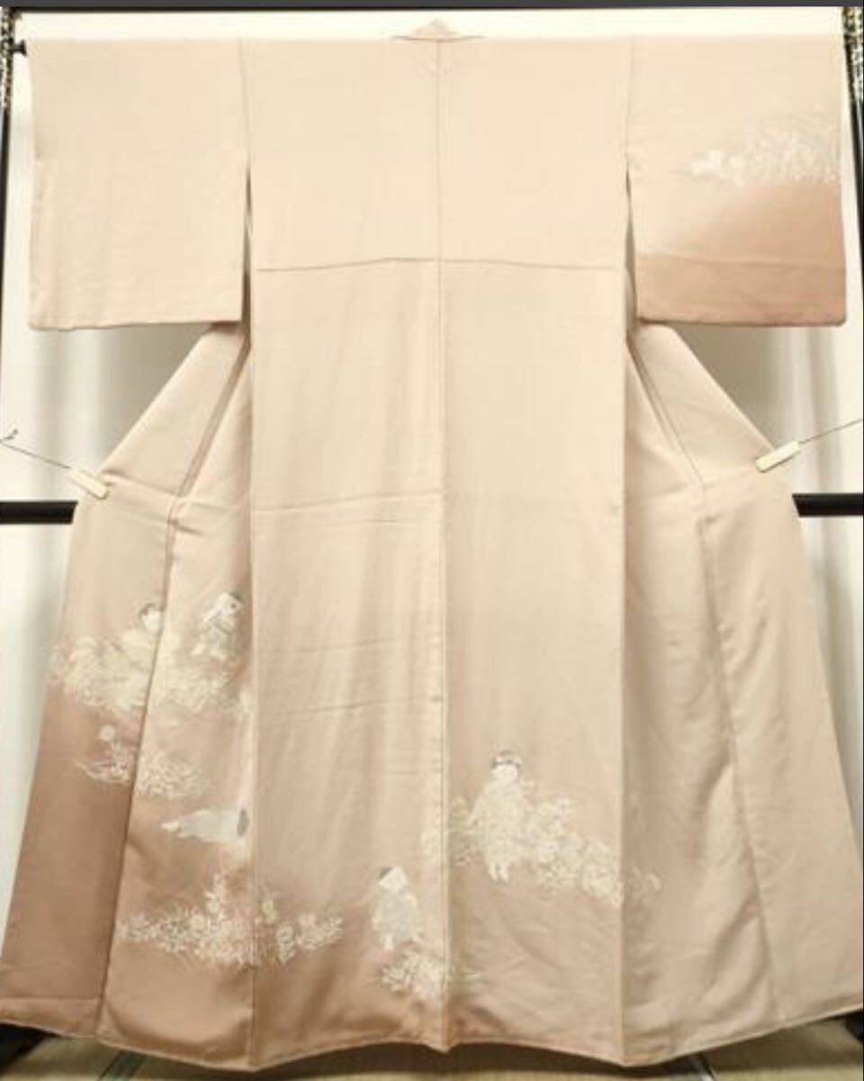大人可愛い 訪問着 桜色地 正月 ひな祭り 観劇 童子 寿光織文 量し染め 銀糸 正絹 身丈163cm 裄丈67.5cm 袖丈50cm M-Lサイズ 拍卖
