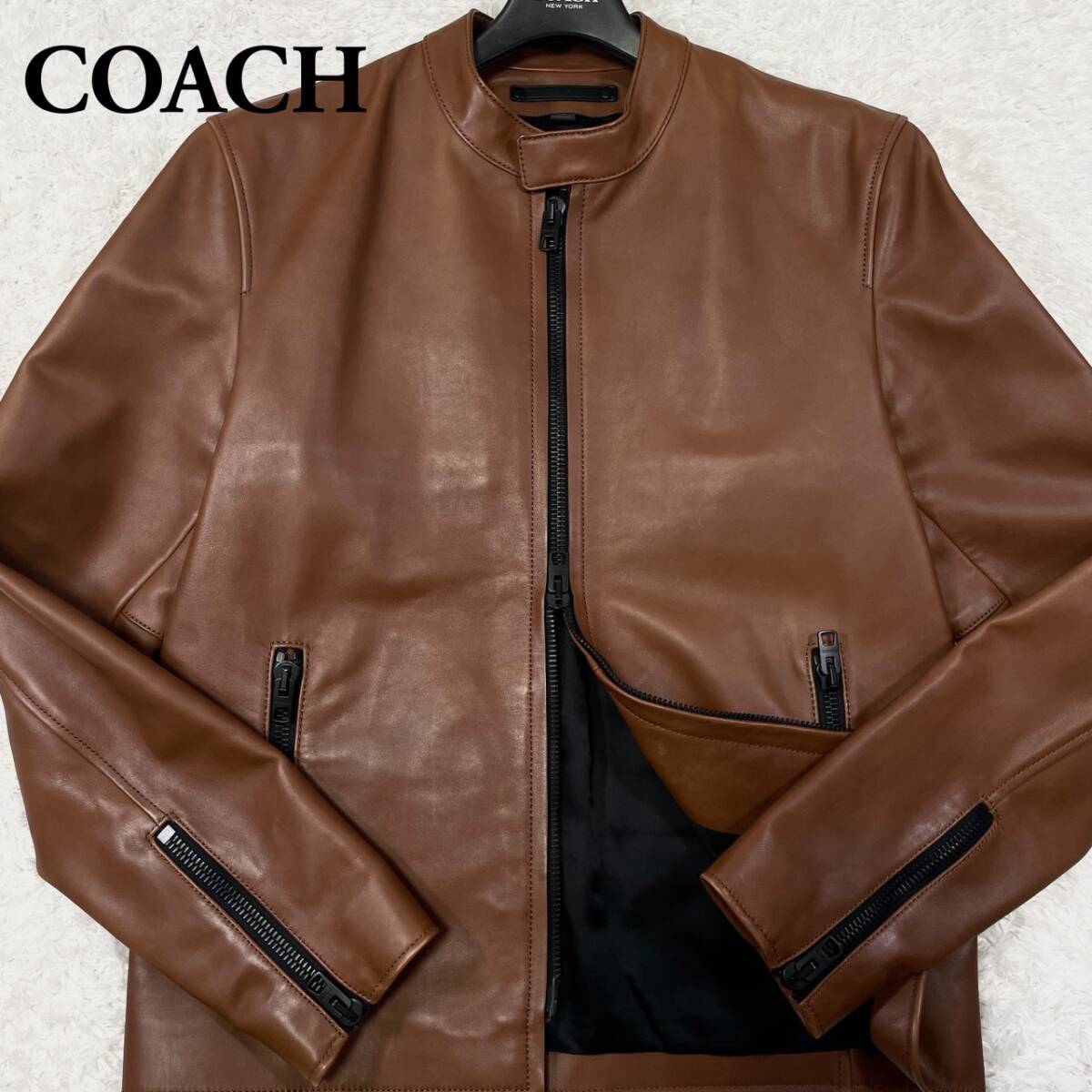 極美品/M相当■最高級レザータグ COACH シングルライダース レザー ジャケット カウレザー 牛革 ダブルジップ ブラウン 茶色 コーチ拍卖