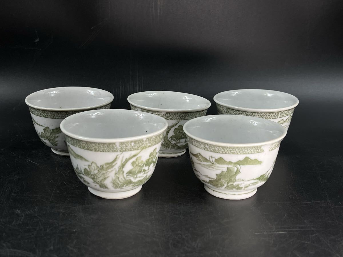 緑釉印判 染付 煎茶碗 5客 こんにゃく印判 昭和レトロ 煎茶道具 茶道具【博圓、径6.7cm拍卖