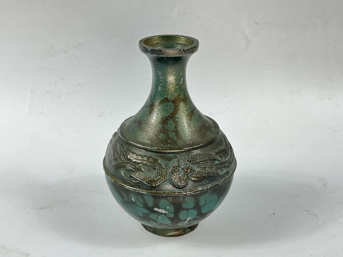 金属工芸 鋳銅花瓶 陽刻鳳凰紋 花器 インテリア 昭和レトロ【博圓】高12.3cm拍卖