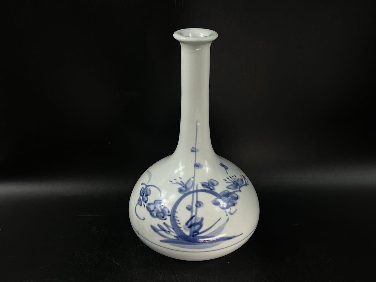 李朝 花瓶 鶴首長頸 染付 古梅文 徳利 花器 骨董 古玩 古美術 時代物【博圓】高25cm拍卖