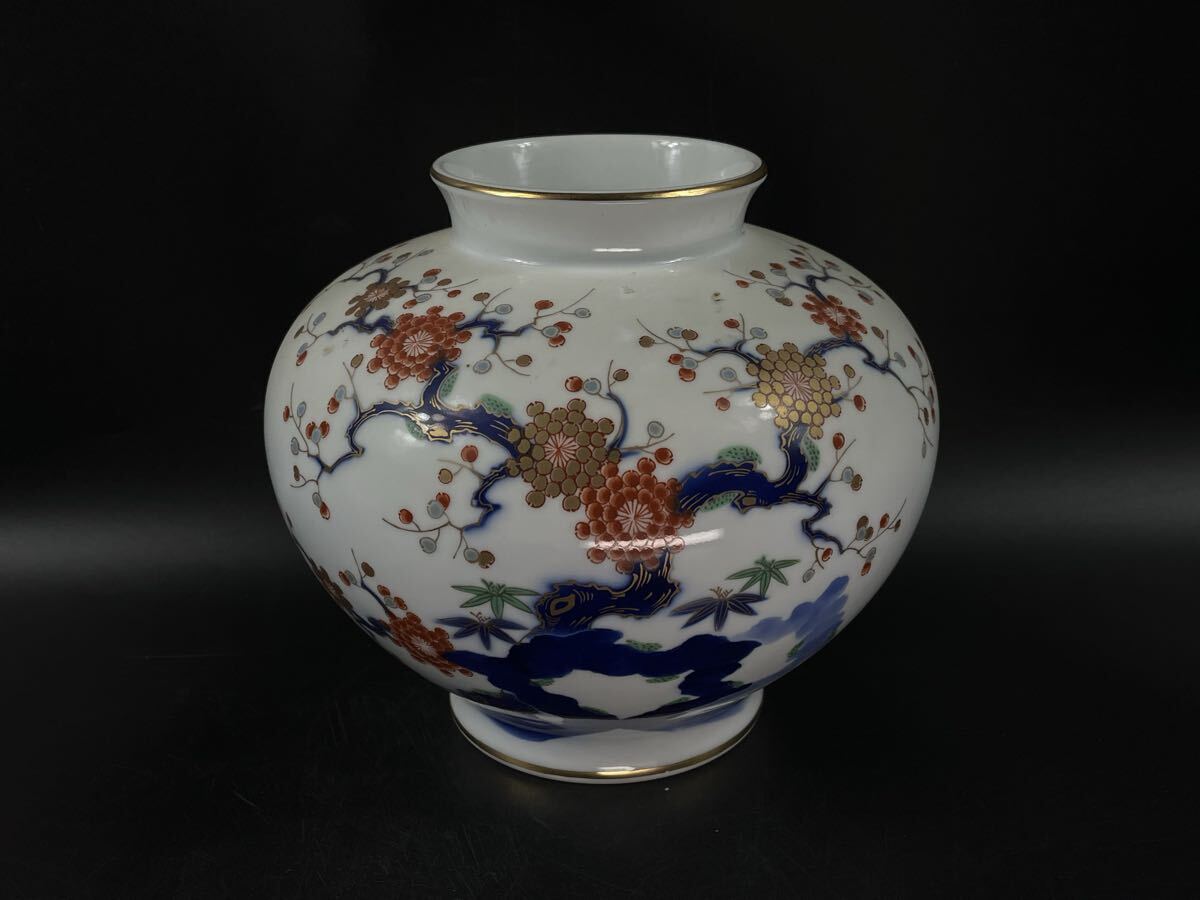 深川製磁 花瓶 金彩 色絵 染付 古梅文 有田焼 宮内庁御用達 花器【博圓】高18.3cm拍卖