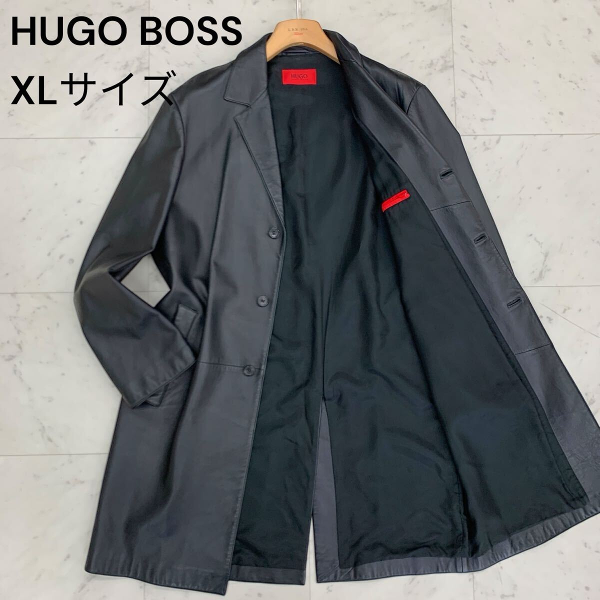 ヒューゴボス チェスターコート 50 XLサイズ ブラック 黒色 羊革 極上のラムレザー 着丈100cm超 ロング丈 柔らかさ◎ 大谷翔平 HUGO BOSS拍卖