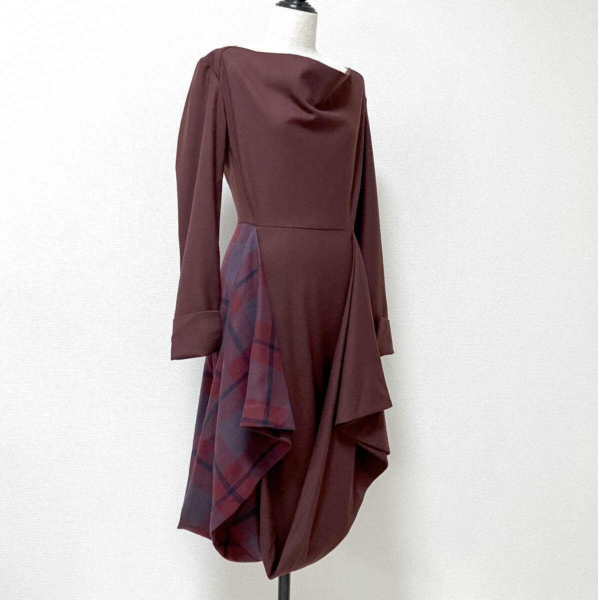 vivienne westwood RED LABEL 変形 ウール ドレープ 長袖 ワンピース チェック 2サイズ ヴィヴィアンウエストウッド archive 5050475拍卖