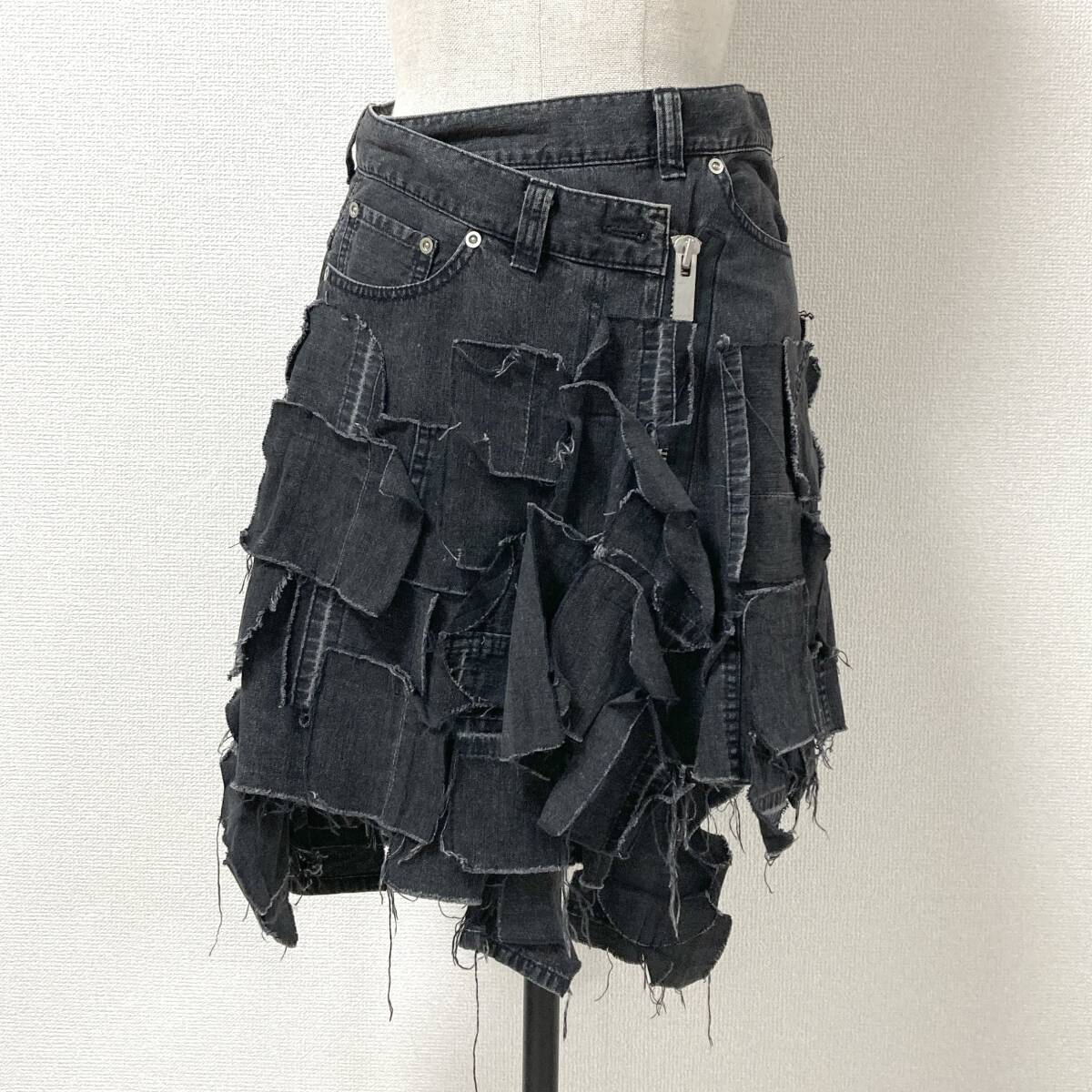 sacai 再構築 パッチワーク デニム ラップ ミニ スカート ブラック 黒 1サイズ サカイ クラスト 巻き archive 5080529拍卖