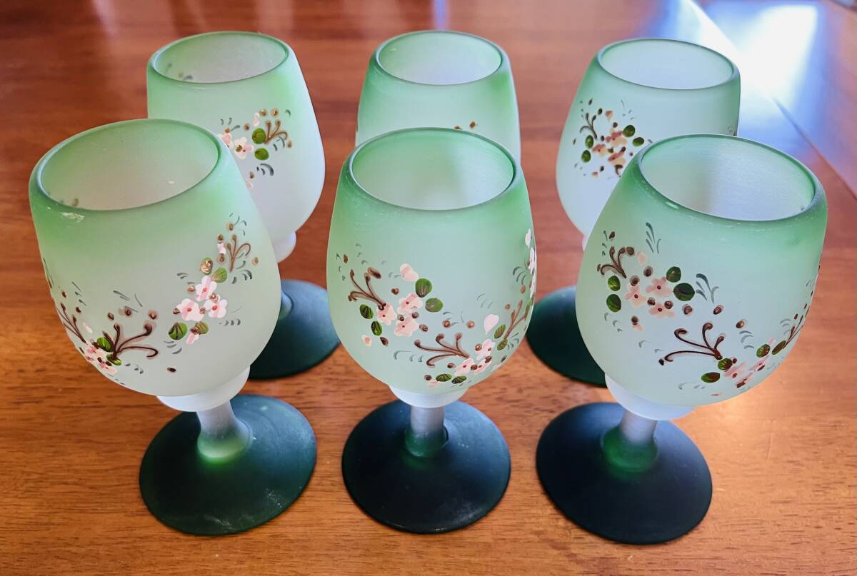 緑色 花柄 ガラス ワイングラス 6個セット拍卖