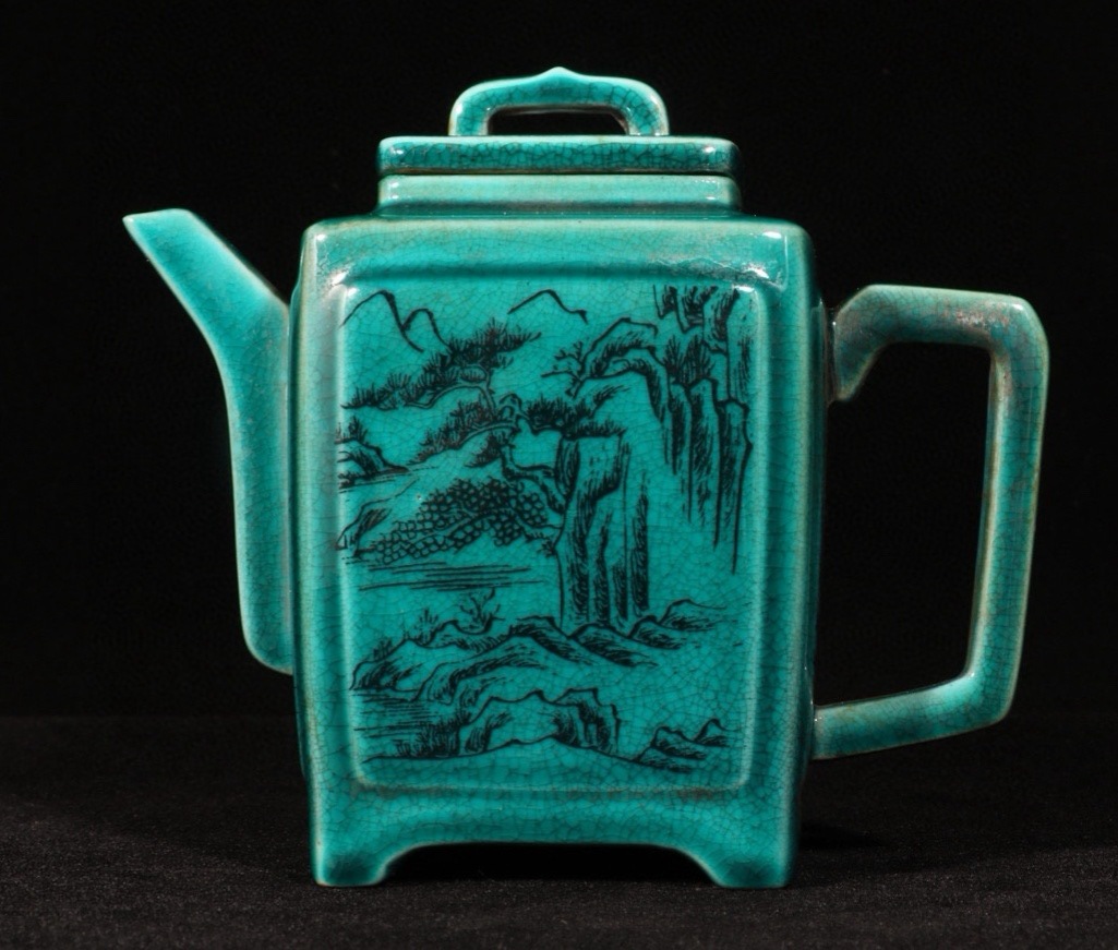 旧 清雍正孔雀緑釉 青花山水紋壺 唐磁 古陶磁器 陶芸 中国古美術 古賞物 古置物 唐物 S711拍卖