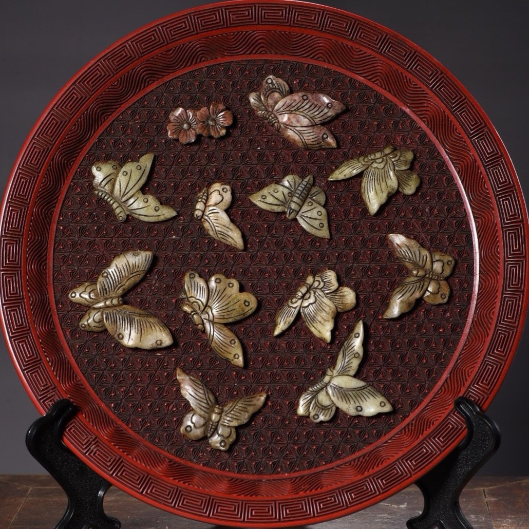 旧 清代 剔紅漆器象眼玉賞盤 中国古美術 古賞物 古置物 唐物 K711拍卖