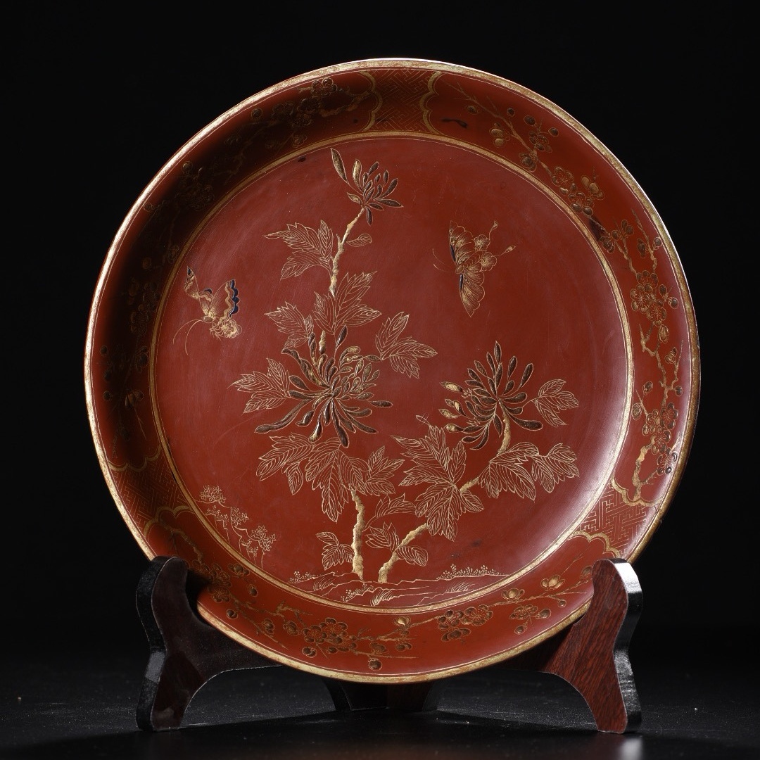 旧 清代 老木胎描金漆器花卉紋賞盤 中国古美術 古賞物 古置物 唐物 K711拍卖