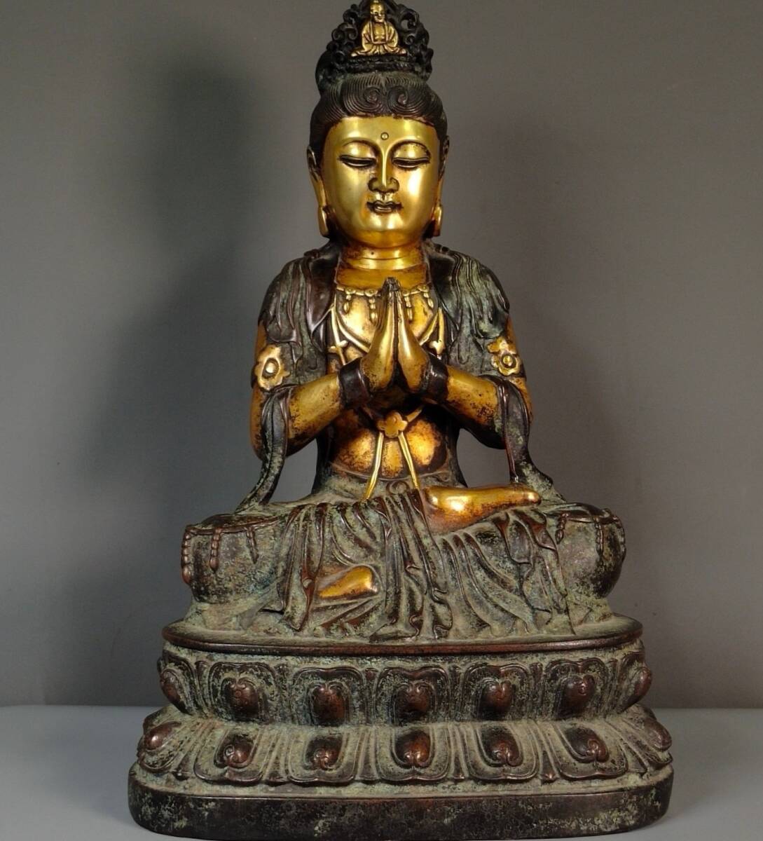 旧 清代 包漿紫銅 塗金觀音菩薩仏像 擺件 古置物 古賞物 中国古美術 唐物 K711拍卖