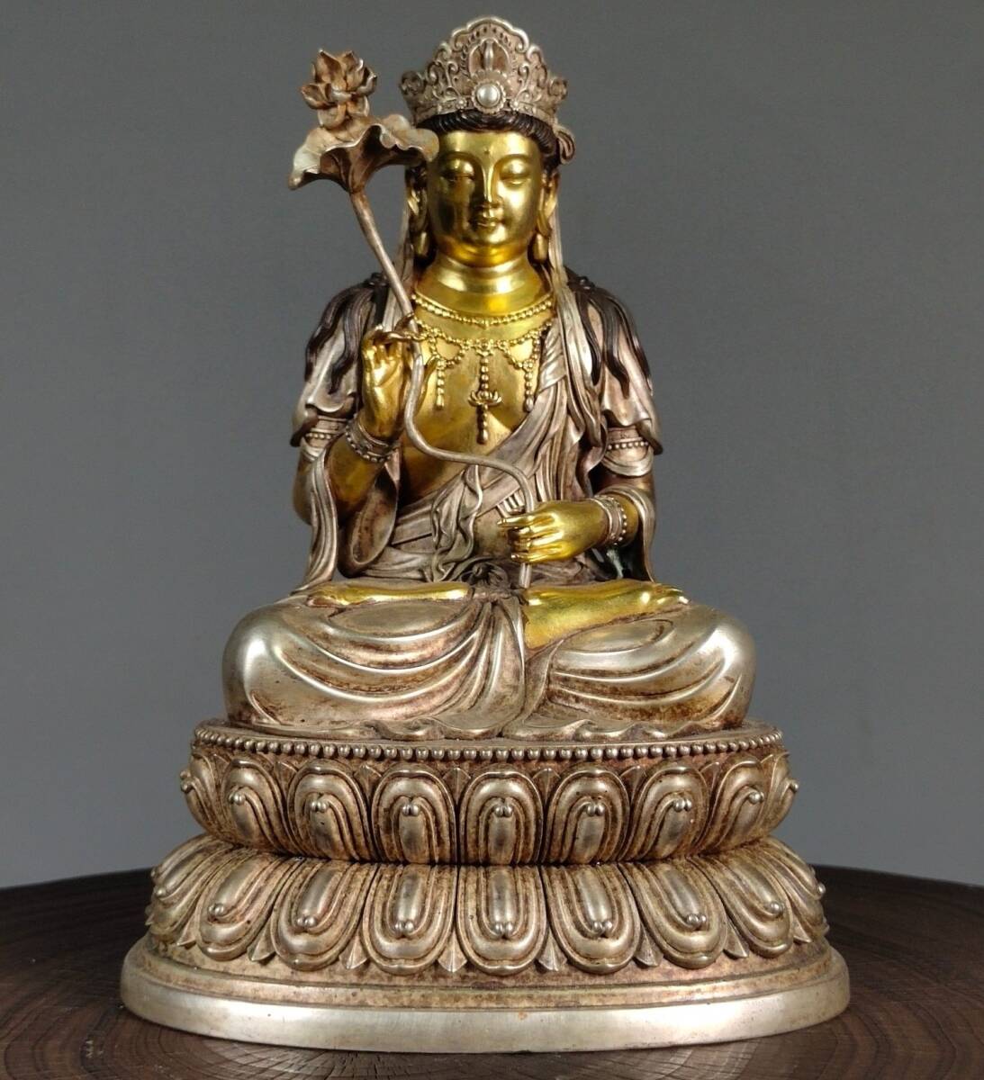 旧 清代 紫銅 鍍真金真銀 文殊菩薩造像 古置物 古賞物 中国古美術 唐物 S711拍卖