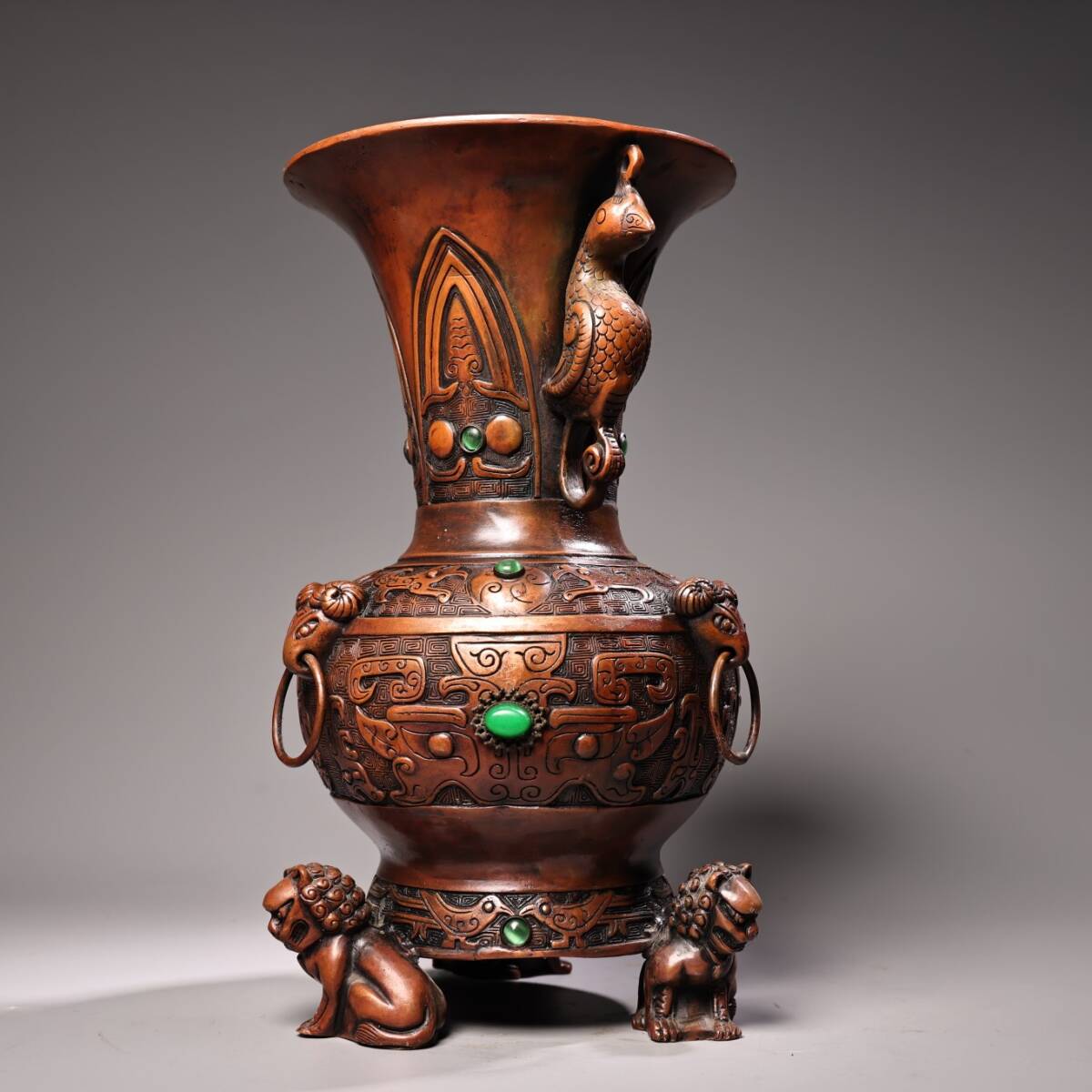 旧 清代 純銅紫銅 象眼宝石 獣面花瓶 古置物 古賞物 中国古美術 唐物 S711拍卖