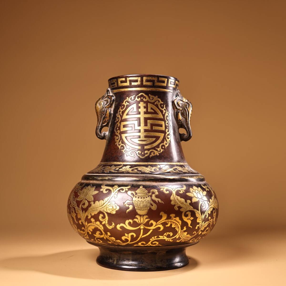 旧 清代 紫銅 鍍金 吉祥八宝 花瓶 古置物 古賞物 中国古美術 唐物 S711拍卖