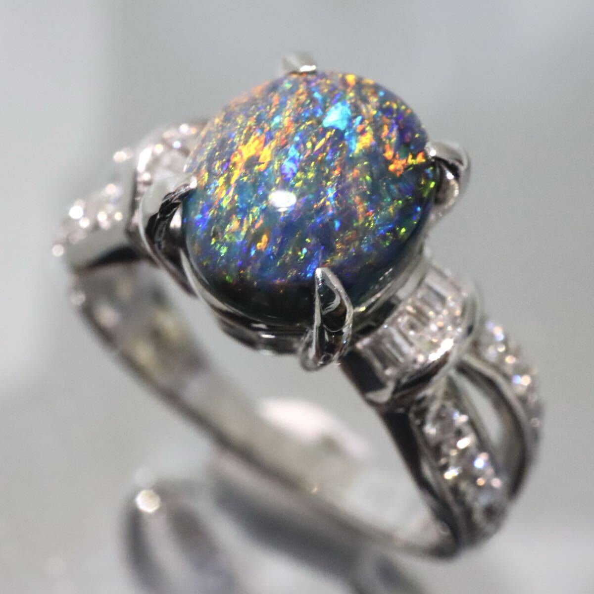 【売り切り】遊色効果抜群!!Pt900!!1.54/0.35ct!!◆天然ブラックオパール/天然ダイヤモンドリング◆D 約7.8g 約14号 指輪 ring EI0/ M379◎拍卖
