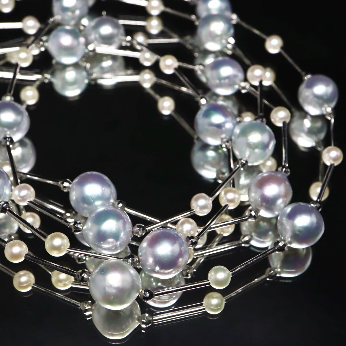 テリ抜群!!良品!!約4.0-9.0mm珠◆アコヤ本真珠ロングステーションネックレス◆D 約26.8g 約87cm パール ナチュラルブルー系 DB0/DF0 M405拍卖