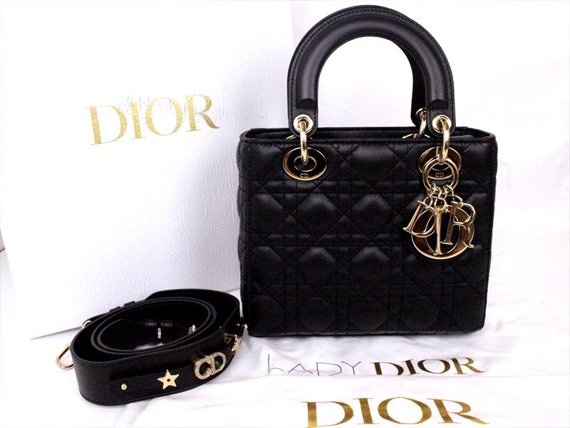 極美品Christian Dior【レディ ディオール 】レザー2wayバッグ☆ハンド/ショルダー☆20センチ☆ブラック×ゴールド金具☆ロゴ☆未使用級拍卖