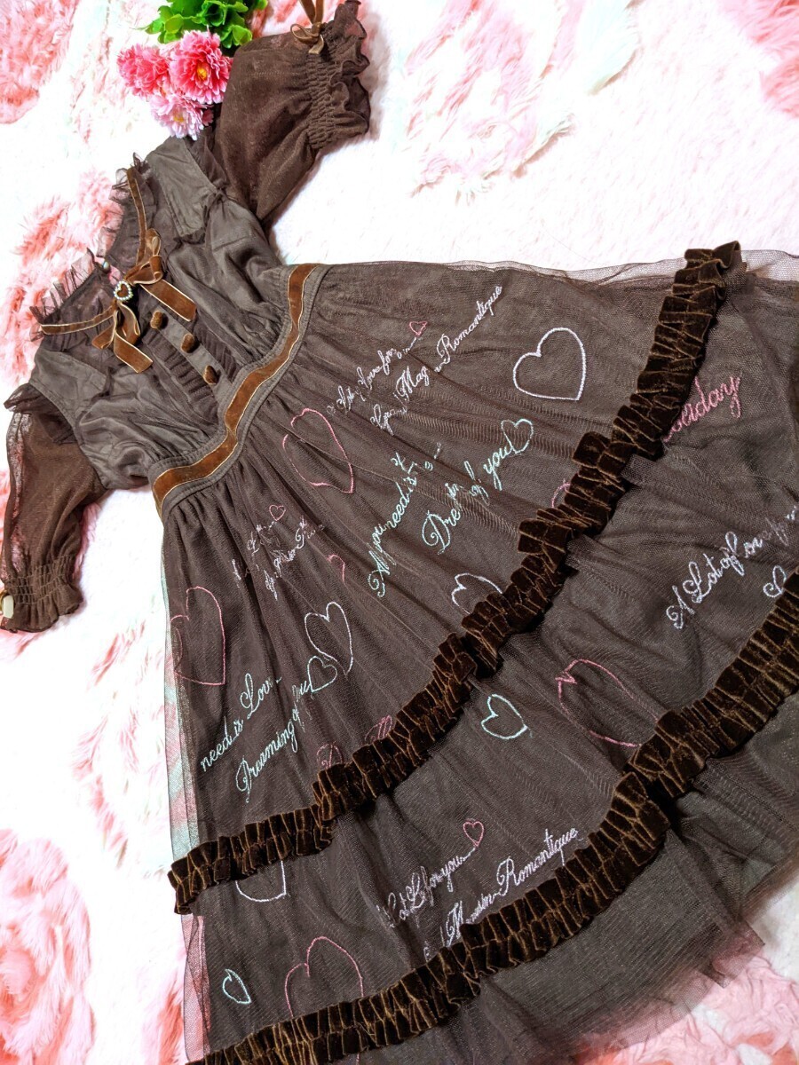 新品タグ付き◆リズリサ◆落ち着いた◆ブラウン◆チョコレート色◆文字&ハート入り◆刺繍◆チュール◆フリル◆超!完売レア◆ワンピース拍卖