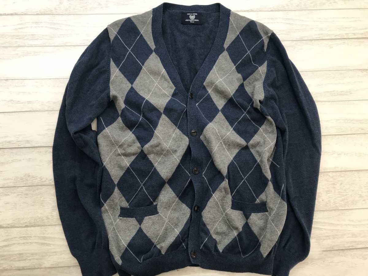 コムサコミューン COMME CA COMMUNE レトロ トラッド Vネック アーガイル コットンニット カーディガン メンズ 綿100% L 紺拍卖