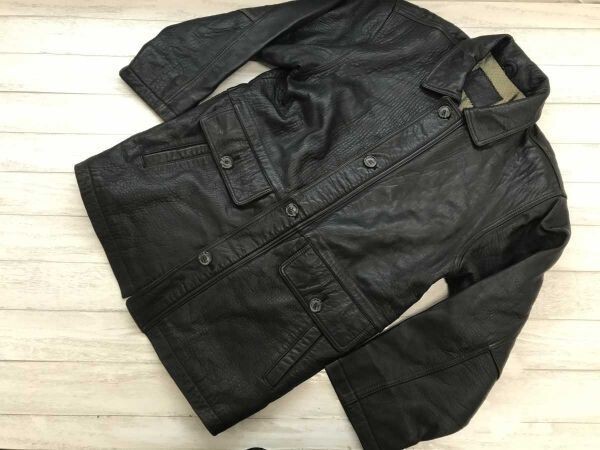 Hammer レトロ オールド クラシック フラップポケット 比翼ジップ 中綿 羊革 本革 レザー コート アウター メンズ 肩パッド有 L 黒拍卖