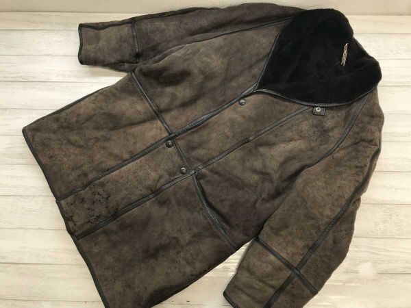 フランス製 O'NED インポート ショールカラー シープスキン ムートンコート ジャケット メンズ 裏ボア ラムレザー100% 50 ダークブラウン拍卖