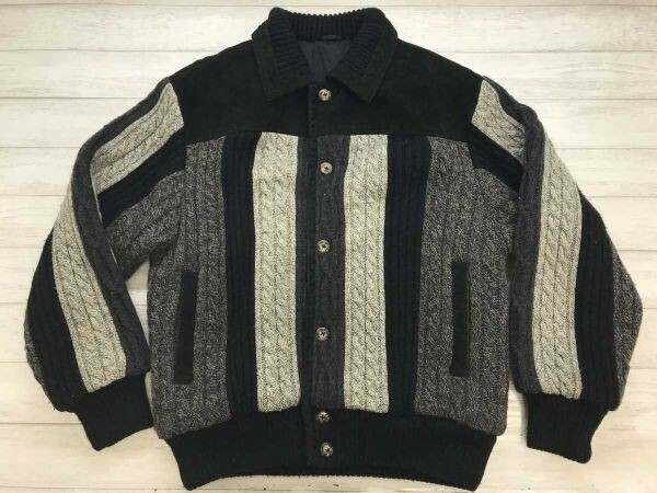 パジェロ PAGELO レトロ イタリーモード ケーブル リブ模様編み切替 ボタン留め ニットジャケット メンズ ウール混合 豚革レザー装飾 L 黒拍卖