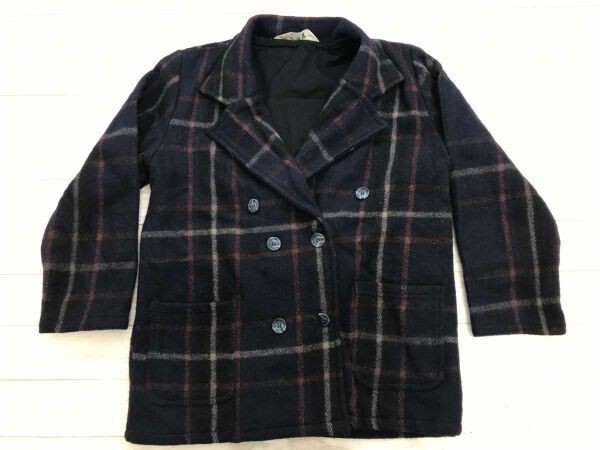 アップルハウス APPLE HOUSE レトロ トラッド チェック ダブル メルトン ピーコート ジャケット レディース ウール100% 裏地付き 紺拍卖