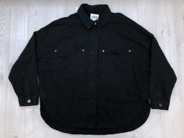 ザラ ZARA レトロ アメカジ ワーク ストリート オーバーシルエット ツイルシャツ ジャケット スナップボタン レディース コットン100% L 黒拍卖