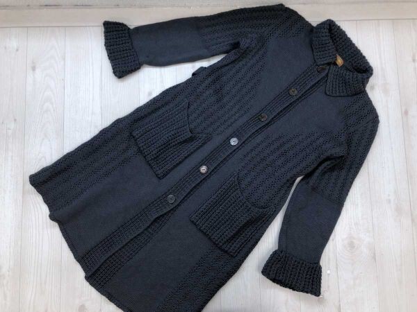 ランセル LANCEL レトロ トラッド カントリー 透かし編み切替 襟付き ニット ロング カーディガン ジャケット ガウン ウール100% M グレー拍卖