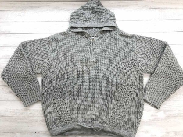 EMAR レトロ 畦編み 針抜き装飾 ハーフジップ コットンニット パーカー プルオーバー レディース コットン混合 厚手 F ライトグレー拍卖