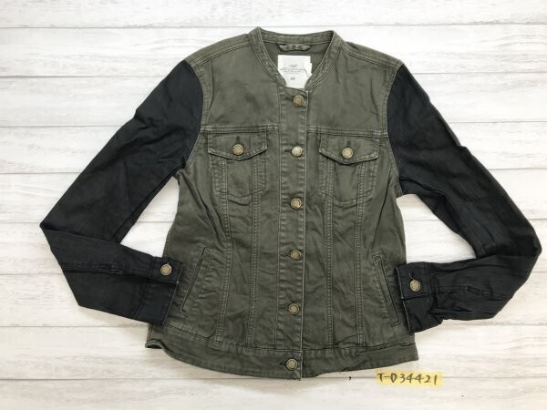 H&M エイチアンドエム レディース デニム切替え ノーカラー ミリタリージャケット 38 カーキ黒拍卖