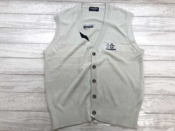 マンシングウェア MUNSINGWEAR Grand Slam レトロ トラッド スポーツ ゴルフ Vネック ボタン ニット ベスト メンズ 日本製 LL グレー拍卖