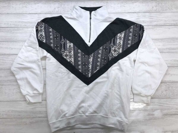アモーレプロ AMORE PURO レトロ 民族エスニック柄切替 ハーフジップ スウェット プルオーバー トレーナー メンズ コットン混 MA 白 グレー拍卖