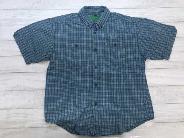 ギャップ GAP レトロ アメカジ ストリート オーバーチェック 両胸ポケット インディゴ 半袖 ワーク シャツ メンズ コットン100% 3 青緑拍卖