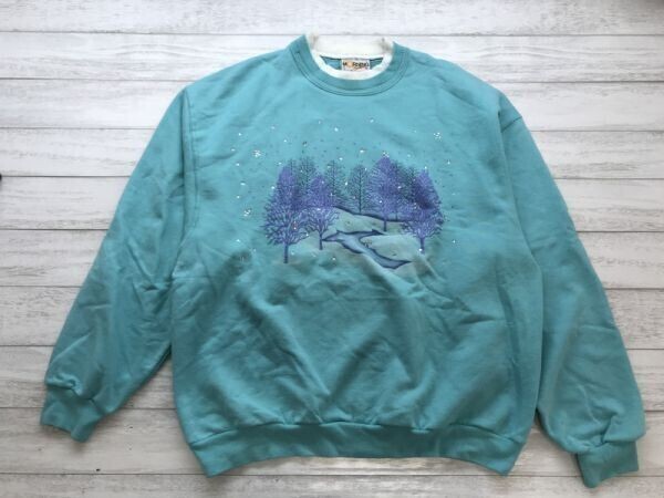 MORNING SUN ラインストーン オールド 90s カントリー古着 田舎プリント スウェット トップス トレーナー レディース L エメラルドグリーン拍卖
