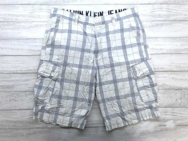 カルバンクライン Calvin Klein アメカジ ストリート サーフ チェック ハーフ ショート カーゴ パンツ メンズ コットン100% 33 白グレー拍卖