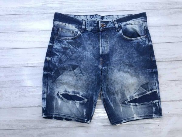 エイチアンドエム H&M Y2K グランジ サーフ ストリート ケミカルウォッシュ ダメージ加工 ショート ハーフ デニム パンツ メンズ 32 青拍卖