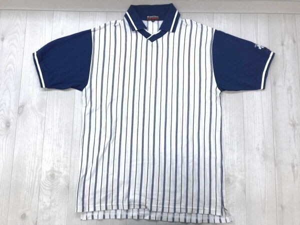 デサント DESCENTE レトロ トラッド スポーツ ゴルフ パターンストライプ 袖切替 Vネック 鹿の子 半袖ポロシャツ メンズ 綿混合 M 青白拍卖