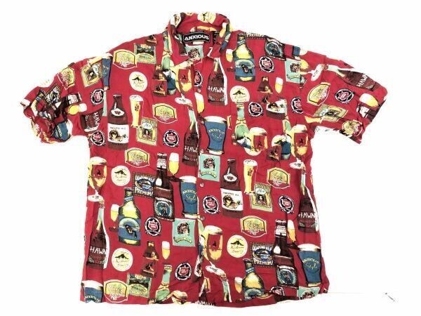ネパール製 ANXIOUS レトロ オリエンタル リゾート ユニーク ビール総柄 オープンカラー 半袖 アロハ シャツ メンズ レーヨン100% M 赤拍卖