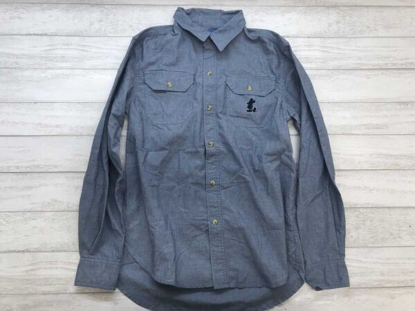 東京ディズニーリゾート Disney Resort アメカジ ミッキーマウス 逆向き シルエット刺繍 長袖 シャンブレー シャツ コットン混合 S 紺拍卖