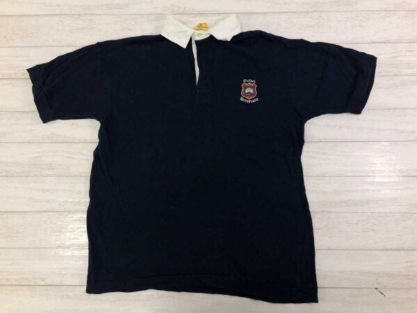 英国イングランド製 メダリオンスポーツウェア MEDALLION 90s ユーロ古着 オックスフォード大学 半袖ラガーシャツ メンズ 38/40 紺拍卖