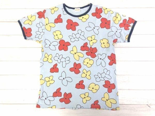 オールド ビームス OLD BEAMS レトロ 00s アメカジ サーフ ヒッピー 古着 イラスト 花柄 総柄 リンガー トリム 半袖Tシャツ メンズ 水色拍卖