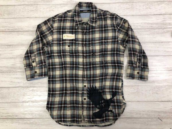 アヴィレックス AVIREX VARSITY アメカジ ワーク チェック 袖まくり ガーゼ イーグルプリント 七分袖シャツ メンズ コットン100% M 茶系拍卖