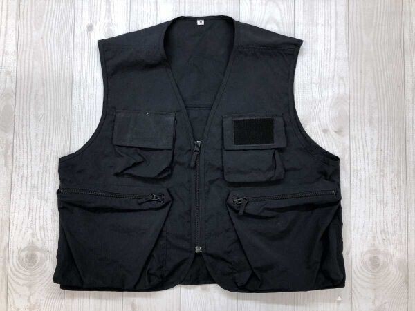 POLICEワッペン アメカジ ミリタリー 古着 ジップアップ レジャー フィッシング ベスト ジャケット メンズ マルチポケット M 黒拍卖